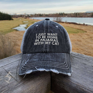 In Pajamas With My Cat Distressed Herringbone Cotton Trucker Hat