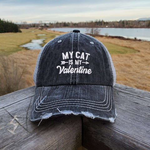 My Cat Is My Valentine Distressed Herringbone Cotton Trucker Hat