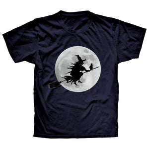 Flying Witch On Broomstick Halloween Full Moon Black Cat T-Shirt