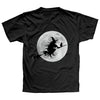 Flying Witch On Broomstick Halloween Full Moon Black Cat T-Shirt